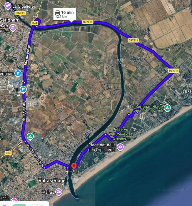 Karte zeigt den Umweg von 12 Kilometern um den Kanal in Valras-Plage