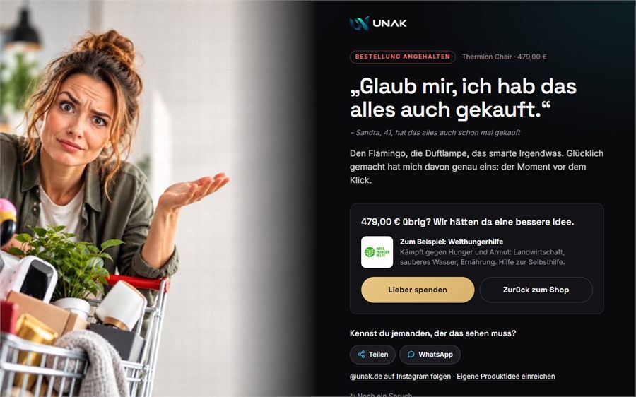 Seite nach dem Kaufklick: Bestellung angehalten, eine Frau mit vollem Einkaufswagen zuckt mit den Schultern, daneben der Vorschlag, 479 Euro an die Welthungerhilfe zu spenden