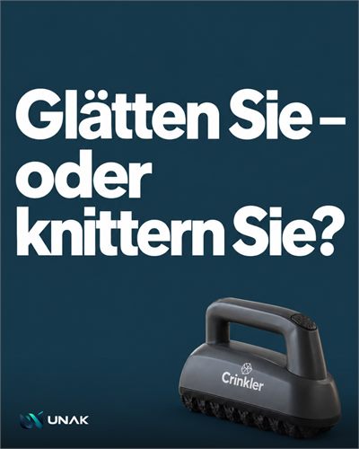 Instagram-Post: „Glätten Sie – oder knittern Sie?“ über einem elektrischen Knittergerät