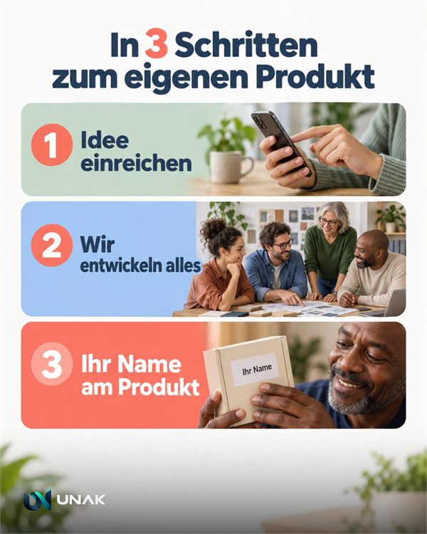 Instagram-Post: In 3 Schritten zum eigenen Produkt. 1 Idee einreichen, 2 Wir entwickeln alles, 3 Ihr Name am Produkt