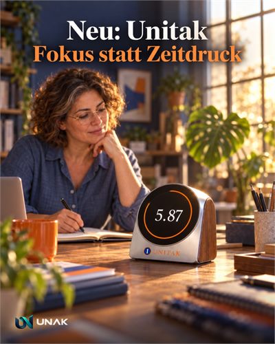 Instagram-Post: „Neu: Unitak – Fokus statt Zeitdruck“, Tischuhr mit Dezimalzeit 5.87