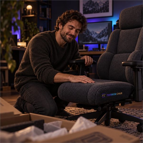 Ein Mann kniet neben dem frisch ausgepackten Thermion Chair und streicht zufrieden über die Sitzfläche