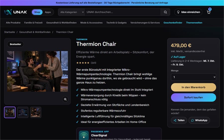 Produktseite des Thermion Chair: Foto, Feature-Liste, Preis 479 Euro, Auf Lager, Buttons In den Warenkorb und Sofort kaufen