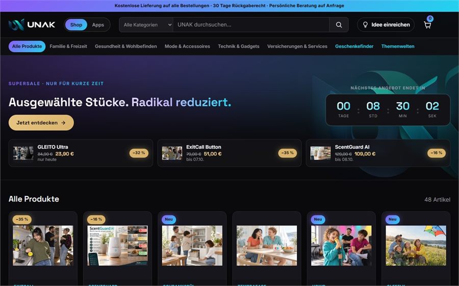 Startseite von unak.de: dunkles Shop-Design, Supersale mit Countdown, drei reduzierte Angebote und das Produktraster